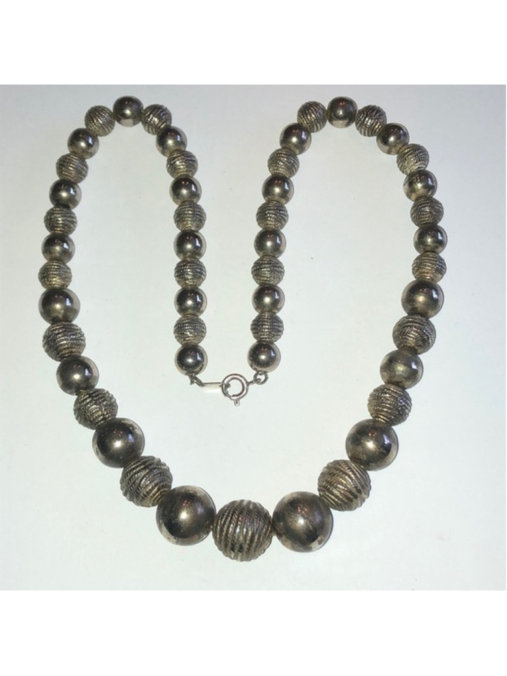 Vintage Beaded Distressed Silver Tone Mid Century Modern Necklace